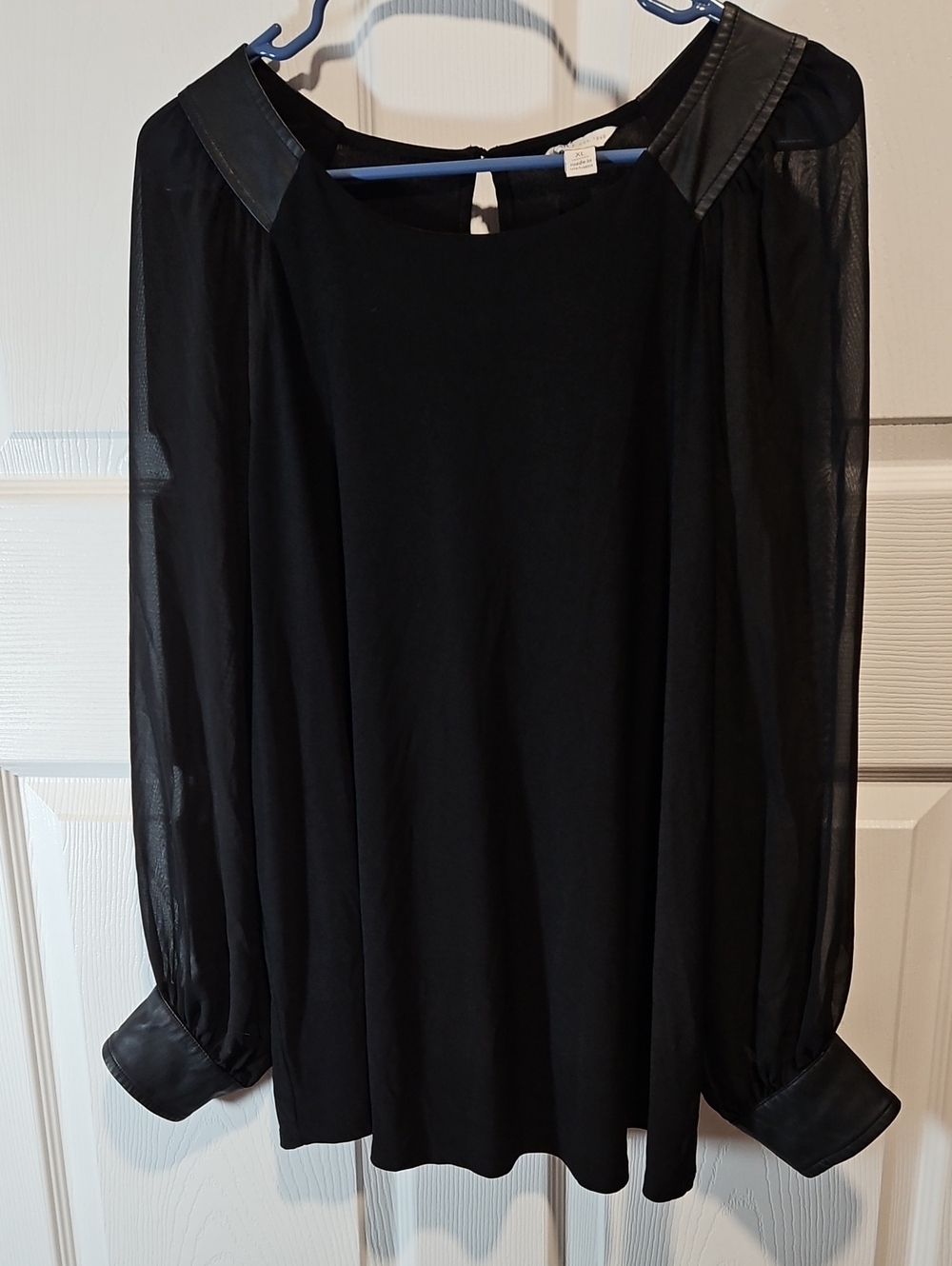 Cato Black Sheer-Sleeve Blouse with Faux-Leather Trim